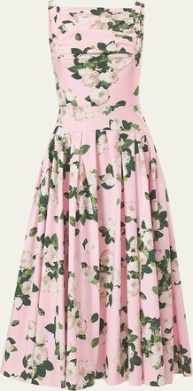 Carolina Herrera Rose-Print Pleated Drop-Waist Midi Dress