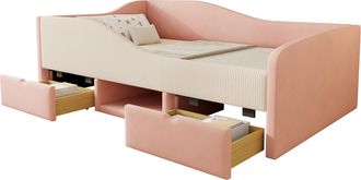 STILVORA Cama Div&aacute;n 90 X 190 Cm De Terciopelo Con 2 Cajones, Barandilla Y Compartimentos De Almacenamiento, Sin Colch&oacute;n, Rosa E Marfil