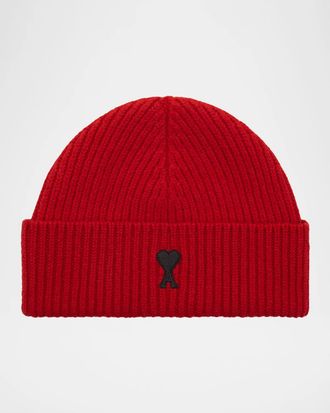 Ami Men & apos;s Wool Rib-Knit Ami De Coeur-Embroidered Beanie Hat