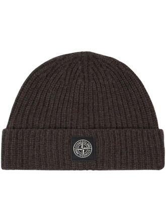 Stone Island Folded Cuff Emblem Ribbed Knit Beanie