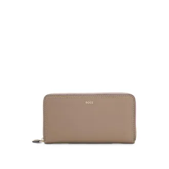 BOSS Zippered wallet in grained leather with metallic logo lettering