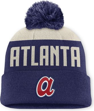 Nike Atlanta Braves Cooperstown Peak Nike Mens MLB Cuffed Pom Beanie in White | NB1608WUATB-5JZ