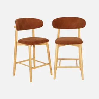 Sweeek Taburete De Bar De Madera De Hevea Natural Y Tela De Chenilla, Set De 2