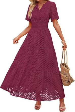 Generic Womens Maxi Dress - Summer Elegant Boho Dresses V Neck Hollow Out Eyelet Swing A Line Cotton Long Flowy Beach Vacation Evening Dresses Beach Outfit We
