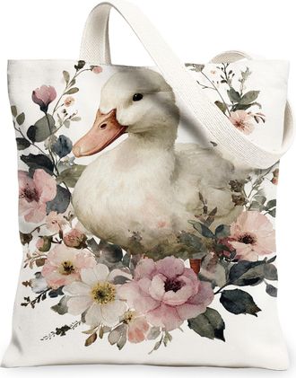 Generic Floral Duck Canvas Tote Bags, Vintage Flower Pattern Reusable Grocery Bags, Lightweight Washable Shoulder Strap Canvas for, White, 13x15 Inch