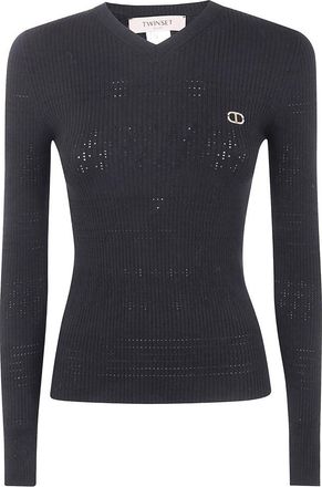 Twin-Set Fitted Ribbed Knitted Sweater with Metallic Logo