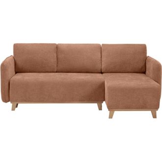 Miliboo Divano letto angolare reversibile 3-4 posti in tessuto effetto velluto color terracotta e legno chiaro ROMANE