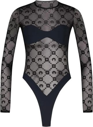 Marine Serre Body, female, Black, Size: S Moonogram Mesh Flock Bodysuit T-Shirt