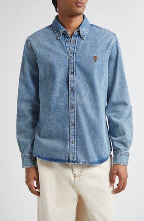 Ami Ami De Coeur Embroidered Cotton Denim Button-Down Shirt in Bleu Used at Nordstrom, Size Medium