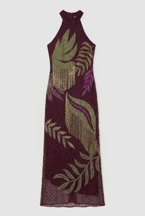 Karen Millen Womens Petite Tropical Beaded Strappy Back Woven Halter Maxi Dress - Purple - Size 16 UK