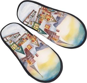 Generic Cotton Slippers Watercolor Magic Christmas Village Soft Sliders Portable Slippers For Outdoor Big Kid Home M