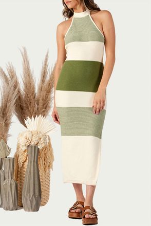 Lucca Couture Brizo Knitted Halterneck Midi Dress In Ivory/green
