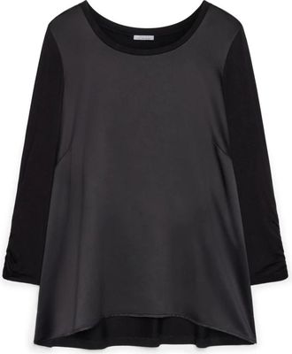 Fiorella Rubino T-shirt van twee materialen met driekwart mouwen - Dames - Longsleeves - Zwart - S - Polyester - Tops