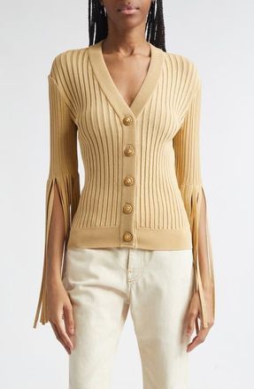Balmain Fringe Sleeves Pointelle Rib Cardigan in 1Gq Yellow at Nordstrom, Size 10 Us