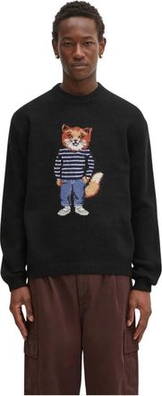 Maison Kitsun&eacute; Dressed Fox Intarsia Wol Trui - Heren - Ronde hals truien - Zwart - L - Wol - Truien & Vesten