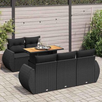 vidaXL Set De Sof&aacute;s De Jard&iacute;n 6 Piezas Y Cojines Rat&aacute;n Sint&eacute;tico Negro