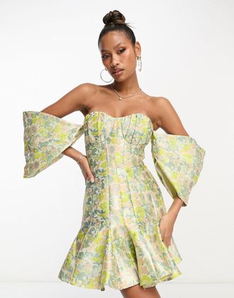 Asos Vestito corto a spalle scoperte jacquard a fiori con coppe e dettaglio godet-Multicolore