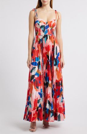 Hutch Pleated Bustier Maxi Dress in Coral Floral at Nordstrom, Size X-Large