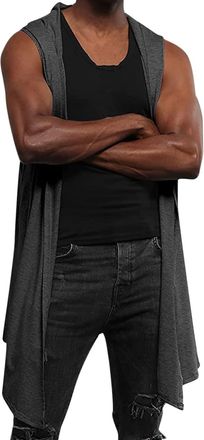 Generic Men Draped Cardigan Long Hooded Sleeveless Cardigan with Pockets Cropped Cardigan (Dark Gray, XXL)