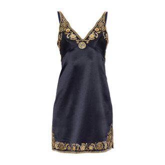 Versace Geborduurd Zijde Cady Satijnen Mini Jurk - Dames - Jurken - Blauw - Maat: XS Zijde