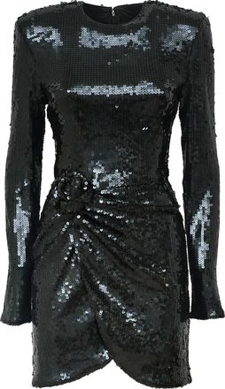 Rotate Fitted Black Sequined Mini Dress With Draped Floral Detail