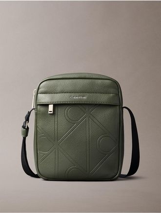 Calvin Klein Mens Allover Embossed Emblem Logo Reporter Bag - Dark Green