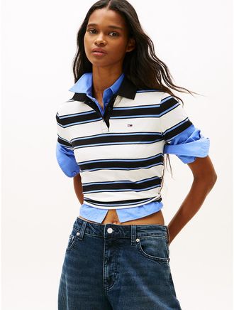 Tommy Hilfiger Womens Tommy Jeans Slim Fit Stripe Pique Polo - Navy - M