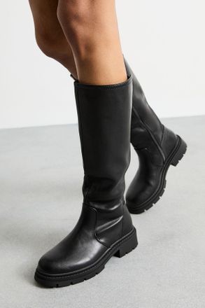 Faith Womens : Daphne Faux Leather Back Elastic Chunky Knee Boots - Black - Size UK 3