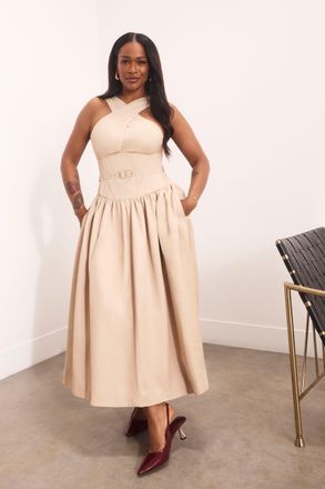Karen Millen Womens Premium Tailored Linen Halter Neck Belted Full Midi Dress - Champagne Viscose - Size 14 UK