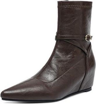 Generic Womens Pointed Toe Wedge Heel Ankle Boots PU Leather Buckle Strap Zip Up Soft Lining Cushioned Insole Comfortable Non Slip Durable Daily Casual Office