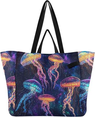 Generic Jellyfish Star Colorful print Reusable Canvas Tote Bag, Heavy Duty Grocery Shopping Bag with Large Capacity Hard Bottom Double Handles Work Groceries 