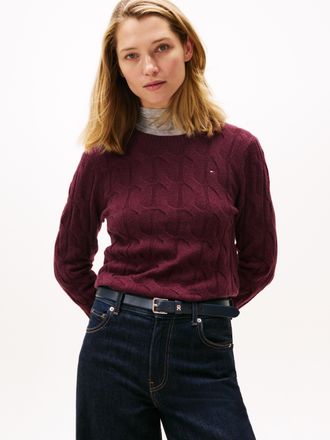 Tommy Hilfiger Strickpullover TOMMY HILFIGER SOFT WOOL CABLE C-NK, Damen, Gr. XXL (44), deep burgundy, Strick, Obermaterial: 100% Wolle, unifarben, normal, Rundhals,