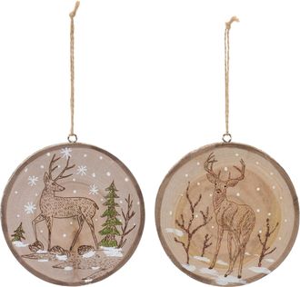 Melrose International Wood Deer Tree Disc Ornament (Set of 12) - Green; Brown