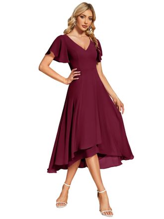 Ever-pretty Womens V Neck Chiffon Evening Dress Plus Size Wedding Guest Dress Burgundy 24UK