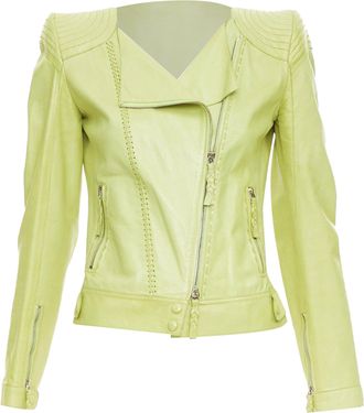Roberto Cavalli lime green leather moto power shoulder biker jacket IT38 XS