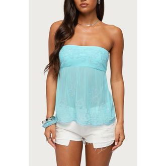 Edikted Corra Rhinestone Lace Strapless Top in Aqua at Nordstrom, Size X-Large
