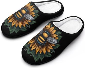 Generic Sunflower Save The Bees Womens Slippers Warm House Slippers Indoor House Shoes with Anti-Skid Rubber Sole