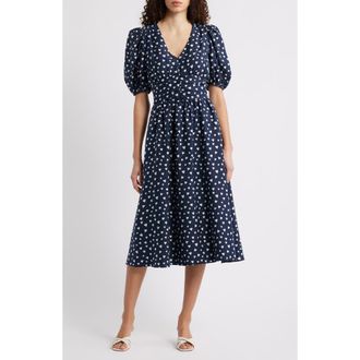 Caslon Puff Sleeve Heart Midi Dress in Navy- White Floating Hearts at Nordstrom Rack, Size Xx-Small