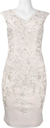 Sue Wong Cap Sleeve Embroidered Floral V-Cut Dress In White