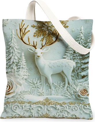 Generic Winter Deer Canvas Tote Bags, Vintage Floral Design Lightweight Reusable Grocery Bags, Elegant Washable Shoulder Strap Canvas for Travel Beach Picnic 