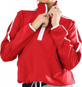Beyond Yoga Stretch Woven Course Contrast Half Zip Pullover Top In Chili Red