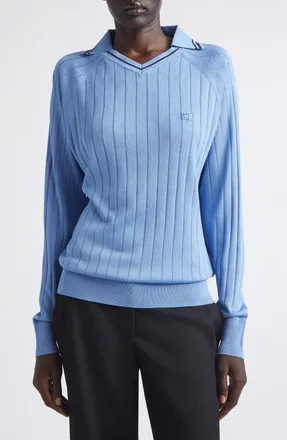 Wales Bonner Roots Long Sleeve Rib Polo in Atlantic Blue at Nordstrom, Size X-Small