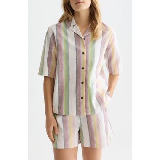 Scotch & Soda Stripe Short Sleeve Linen & Cotton Button-Up Shirt in Multi Color Stripe at Nordstrom, Size 10 Us