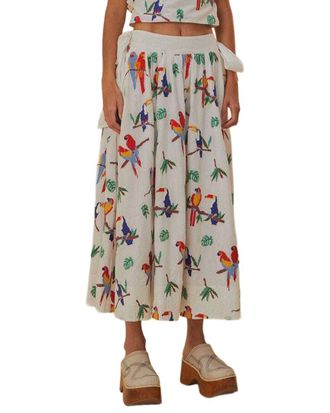 Farm Rio Off-White Stitched Birds Side Bow Midi Skirt
