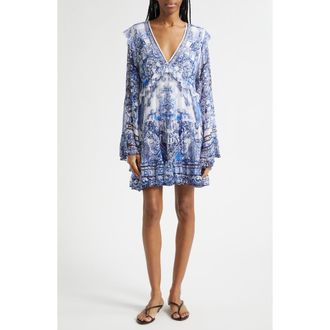Camilla A Tiled Wonderland Print Long Sleeve Tiered Ruffle Silk Chiffon Minidress at Nordstrom, Size Medium