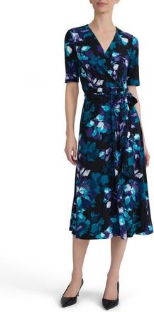 Kasper Pleated Fit and Flare Dress in Black/blue Multi at Nordstrom, Size 18