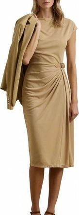 Ralph Lauren Buckle Trim Jersey Boatneck Dress In Beige