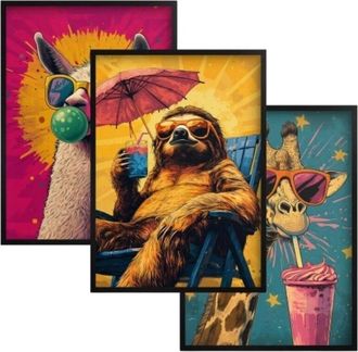 OEM P&oacute;steres Con Im&aacute;genes Coloridas De Animales En Marco Negro, Arte Pop Para La Pared De La Sala De Estar