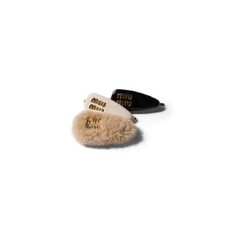 Miu Miu Set Of Leather, Suede, And Shearling Hair Clips, Woman, Sand Beige