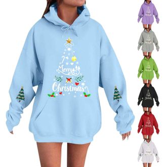 Generic Christmas Hoodies for Women UK Oversized Sweatshirt Fashion Print Pullover Hoodie with Pocket Drawstring Long Sleeves Xmas Sweatshirts Christmas Party